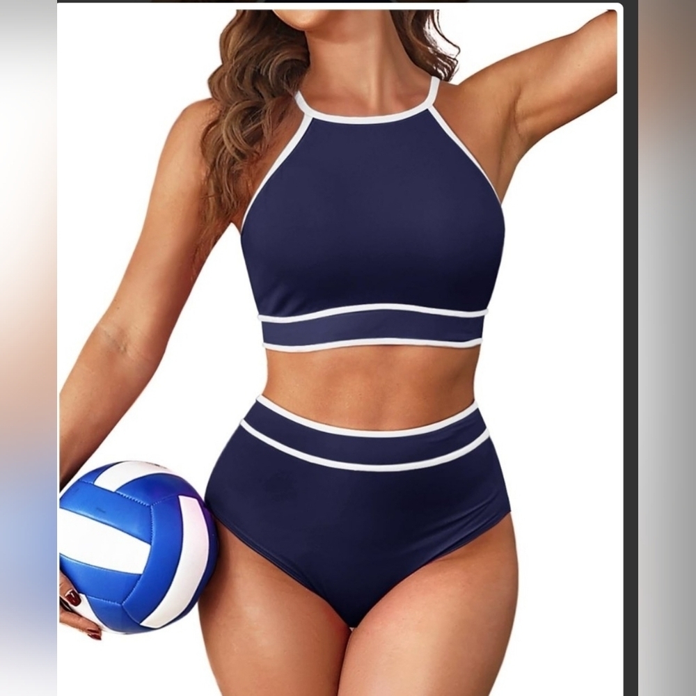 Tempt me Navy Blue Women's High Waisted Sporty Colorblock Swim Set Sz Large